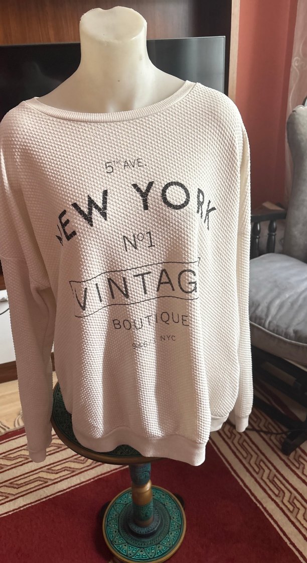 New York Vintage Dokulu Sweatshirt  Krem / Oversize - Görsel 4