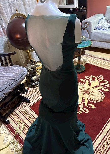 Koyu Yeşil V Yakalı Uzun Drapeli Kadın Abiye - Görsel 2