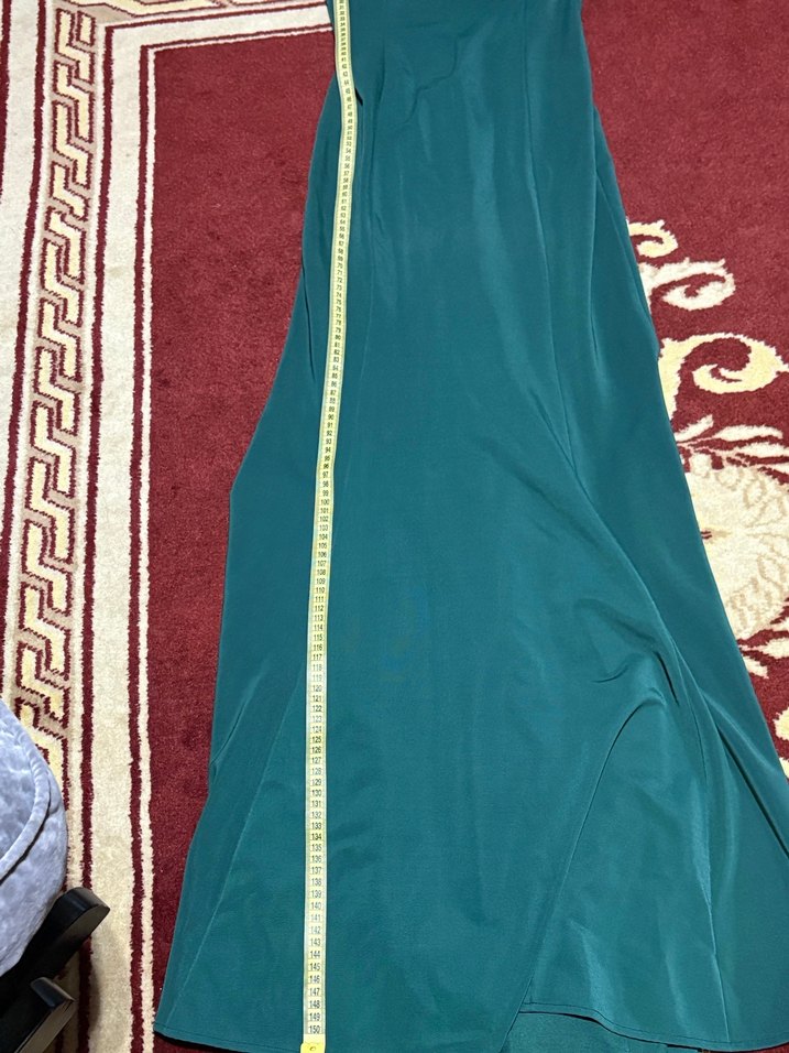 Koyu Yeşil V Yakalı Uzun Drapeli Kadın Abiye - Görsel 4