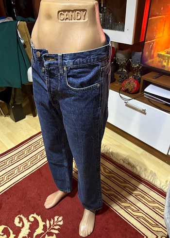 Düğmeli Lacivert Kadın Denim Pantolon - Görsel 3