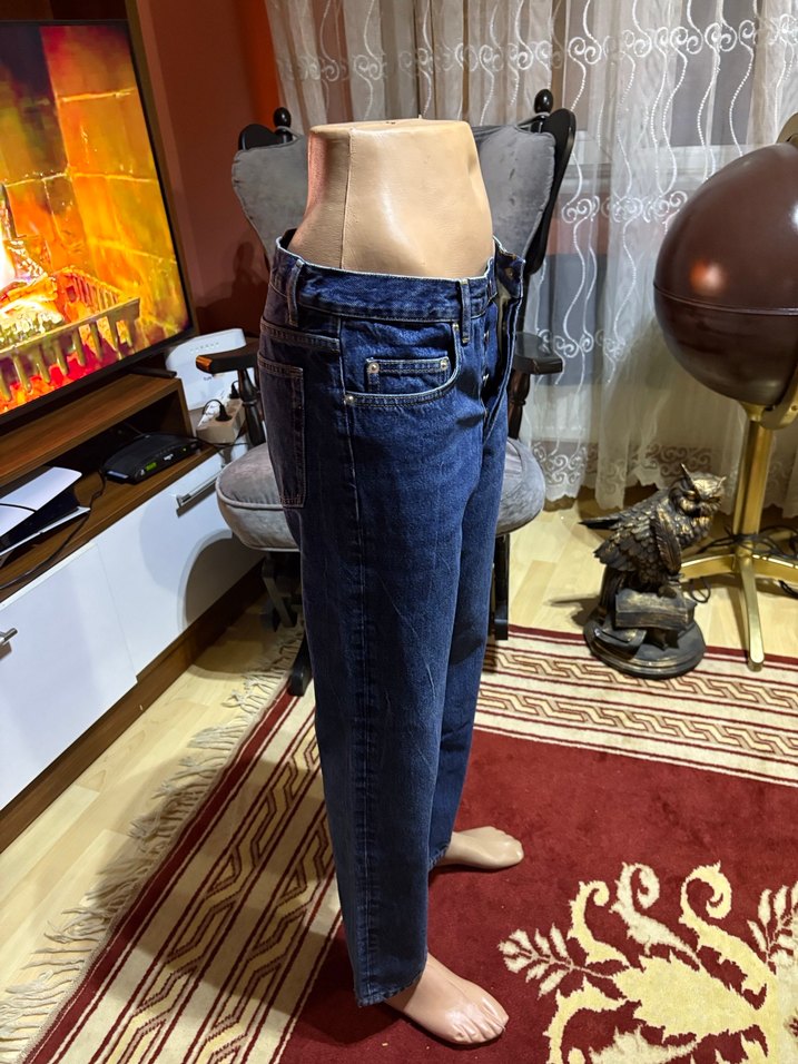 Düğmeli Lacivert Kadın Denim Pantolon - Görsel 2