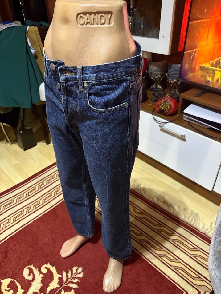 Düğmeli Lacivert Kadın Denim Pantolon - Görsel 3