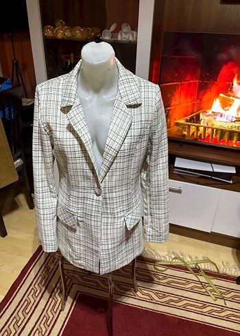 Ekoseli Beyaz Kadın Mini Blazer - Görsel 2