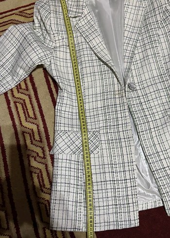 Ekoseli Beyaz Kadın Mini Blazer - Görsel 5