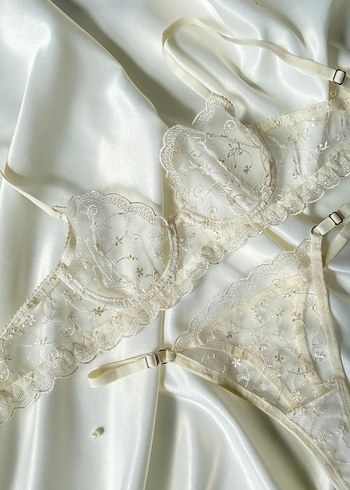Nakışlı Kırık Beyaz Vintage Parisian Sütyen ve Külot takımı - Görsel 2