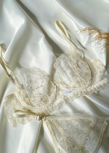 Nakışlı Kırık Beyaz Vintage Parisian Sütyen ve Külot takımı - Görsel 3