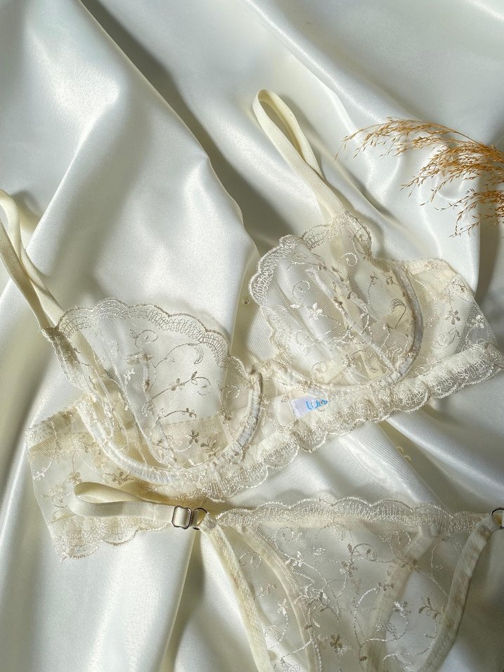 Nakışlı Kırık Beyaz Vintage Parisian Sütyen ve Külot takımı - Görsel 3