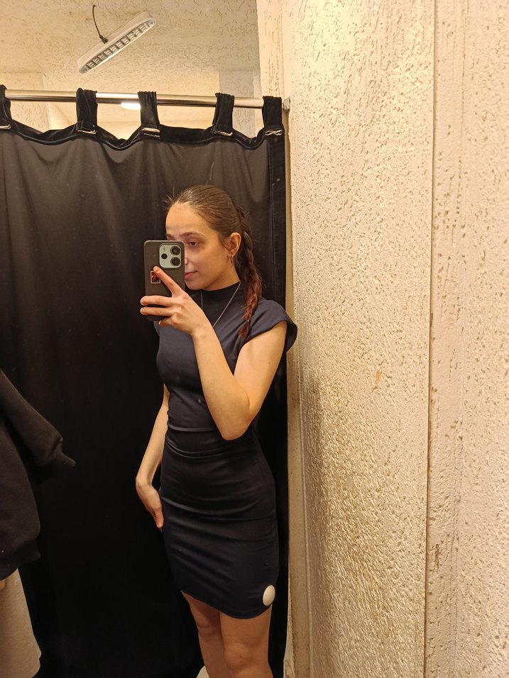 Lacivert Yüksek Yakalı Midi Kalem Elbise - Görsel 2