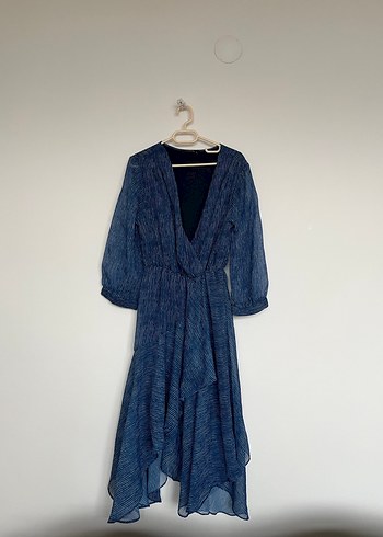 V Yaka Asimetrik Mini Lacivert Elbise - Görsel 4