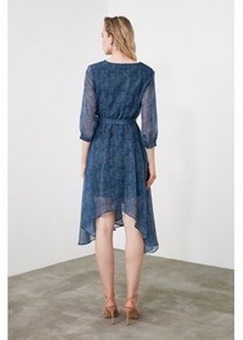 V Yaka Asimetrik Mini Lacivert Elbise - Görsel 3