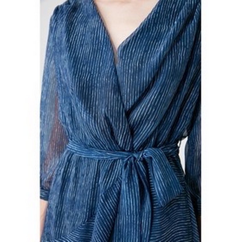 V Yaka Asimetrik Mini Lacivert Elbise - Görsel 2