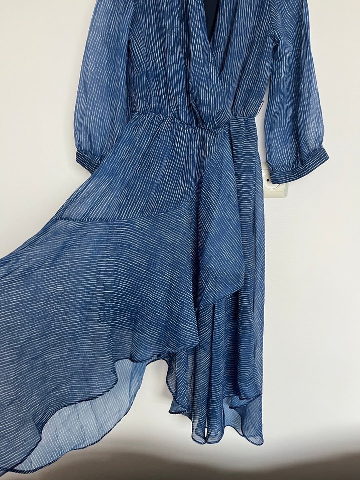 V Yaka Asimetrik Mini Lacivert Elbise - Görsel 5