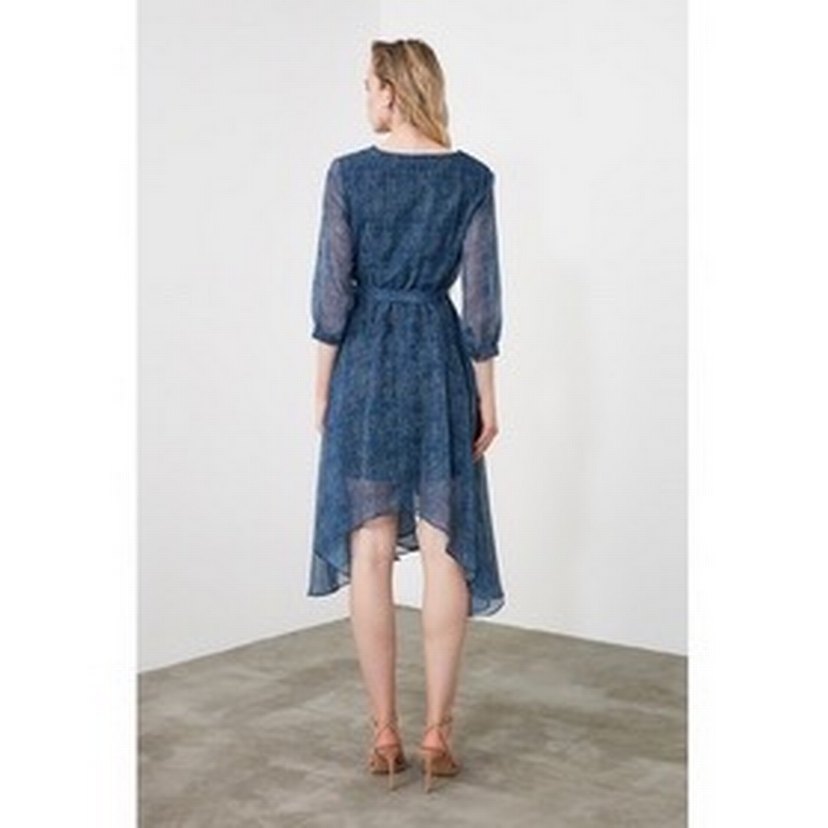 V Yaka Asimetrik Mini Lacivert Elbise - Görsel 3