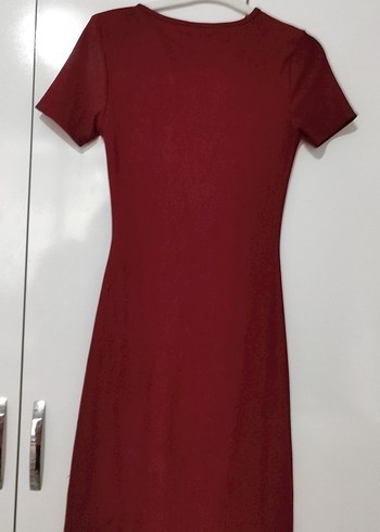 Düğmeli Uzun Bordo Kadın Elbise - Görsel 5