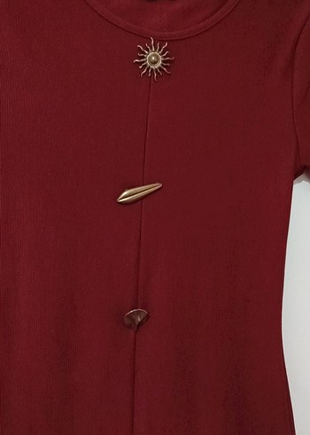 Düğmeli Uzun Bordo Kadın Elbise - Görsel 4