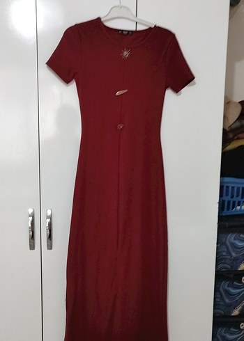 Düğmeli Uzun Bordo Kadın Elbise - Görsel 3