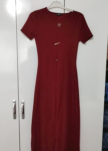 Düğmeli Uzun Bordo Kadın Elbise - Görsel 2