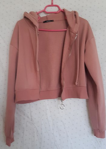 somon rengi Kapüşonlu Fermuarlı Sweatshirt