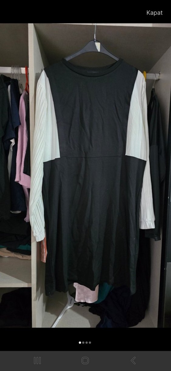 Kadın Siyah Midi Elbise, Uzun Kollu, Pilili - Görsel 3