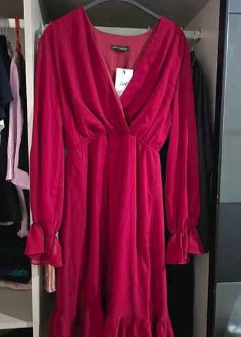 Bordo Uzun Kollu V Yaka Uzun Elbise - Görsel 2