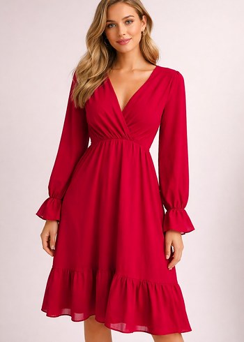 Bordo Uzun Kollu V Yaka Uzun Elbise - Görsel 5