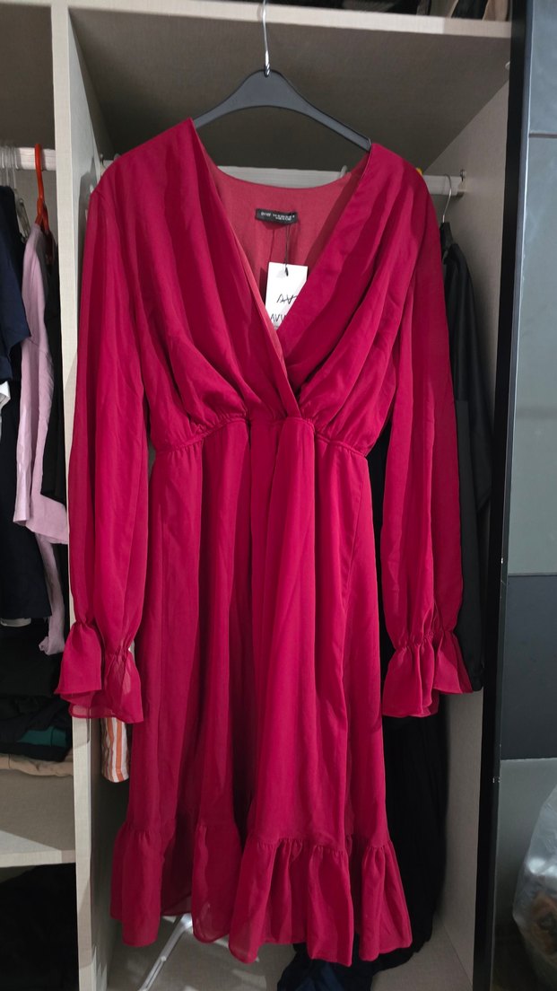 Bordo Uzun Kollu V Yaka Uzun Elbise - Görsel 2