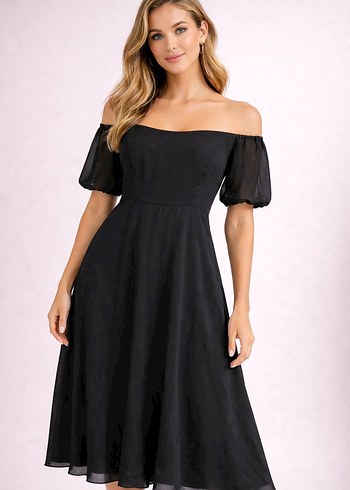 Siyah Uzun Kollu Dökümlü Kadın Elbise - Görsel 7