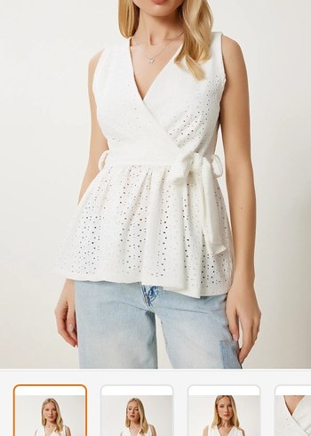 Nakışlı Beyaz Kolsuz Kuşaklı Bluz - Görsel 3