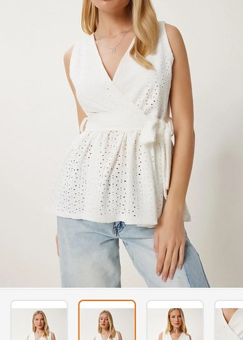 Nakışlı Beyaz Kolsuz Kuşaklı Bluz - Görsel 2