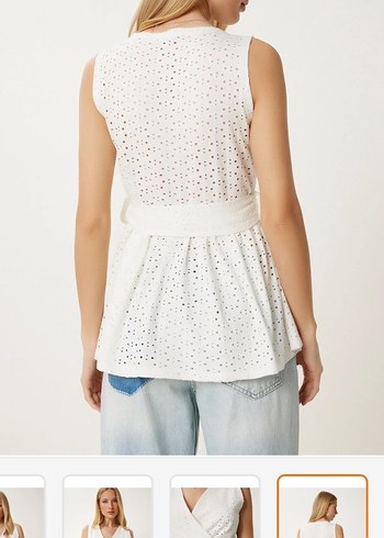 Nakışlı Beyaz Kolsuz Kuşaklı Bluz - Görsel 4