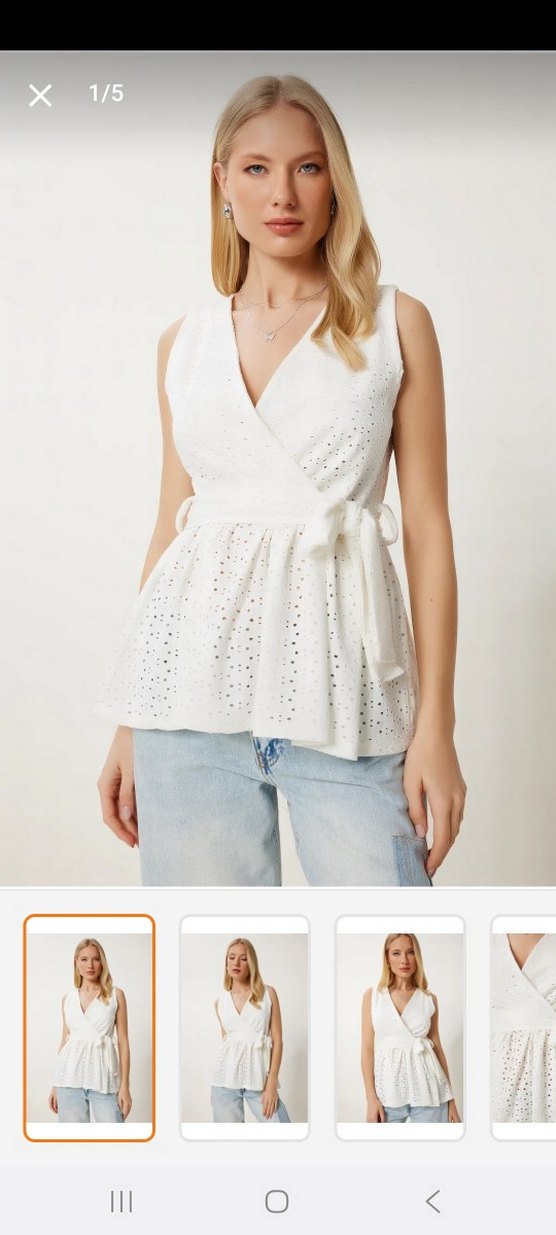 Nakışlı Beyaz Kolsuz Kuşaklı Bluz - Görsel 3