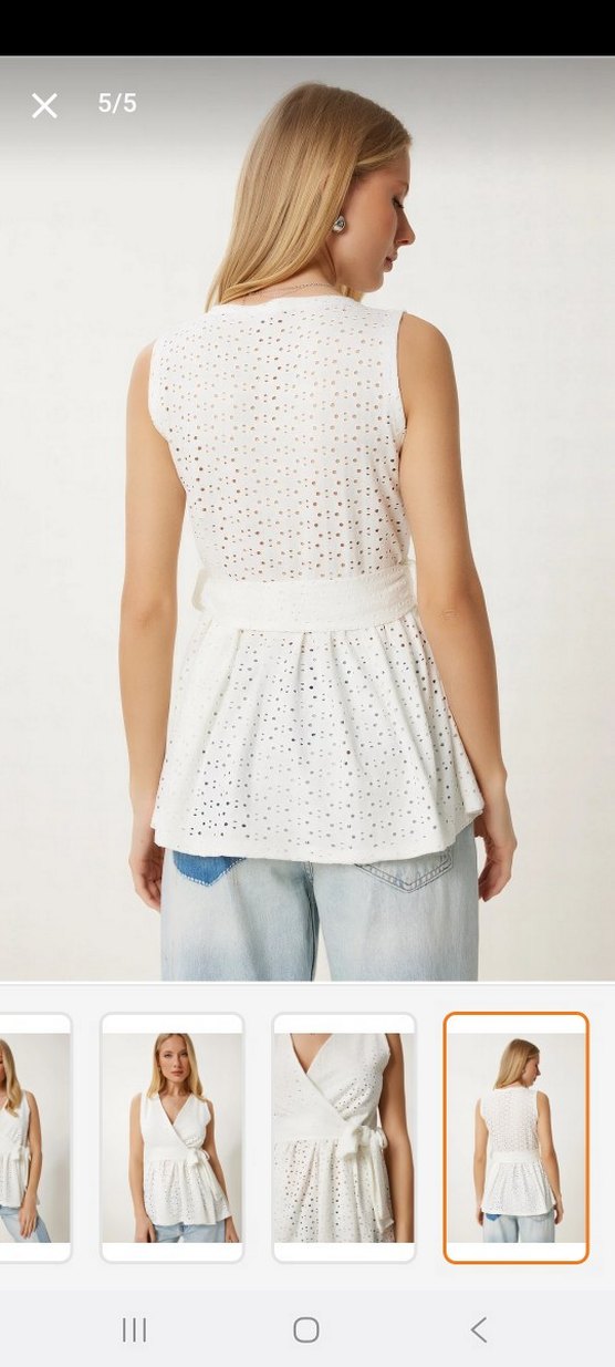 Nakışlı Beyaz Kolsuz Kuşaklı Bluz - Görsel 4