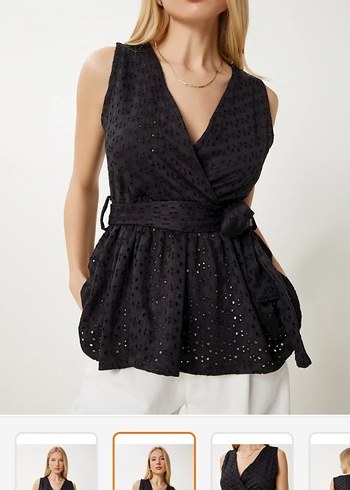 Siyah Nakışlı Kemerli V Yaka Bluz - Görsel 2