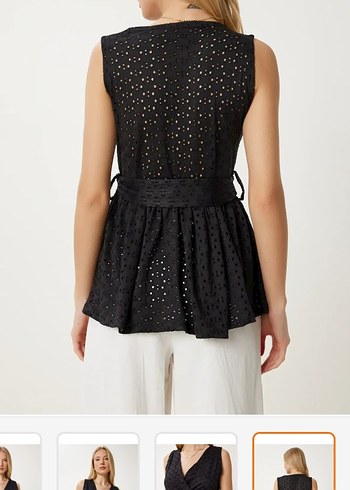 Siyah Nakışlı Kemerli V Yaka Bluz - Görsel 4