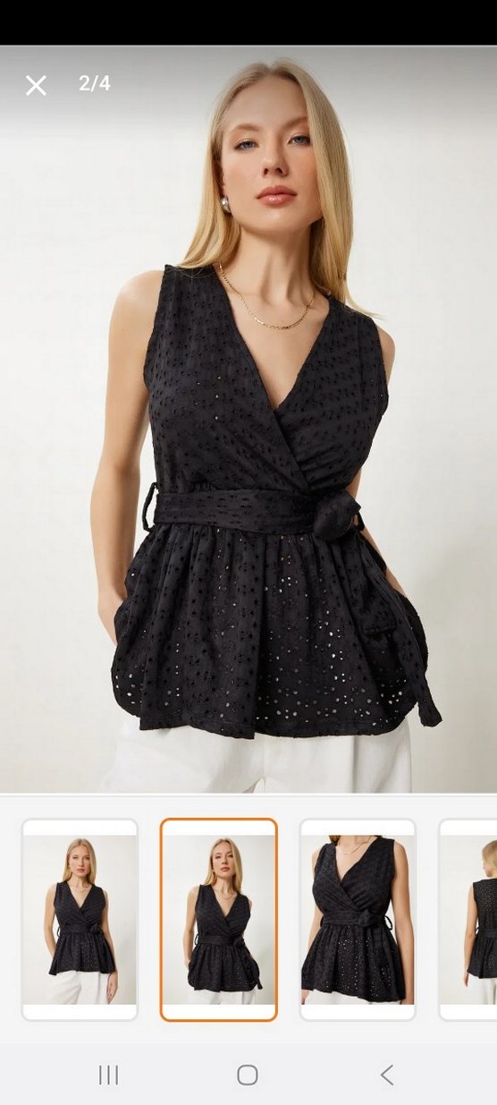 Siyah Nakışlı Kemerli V Yaka Bluz - Görsel 2