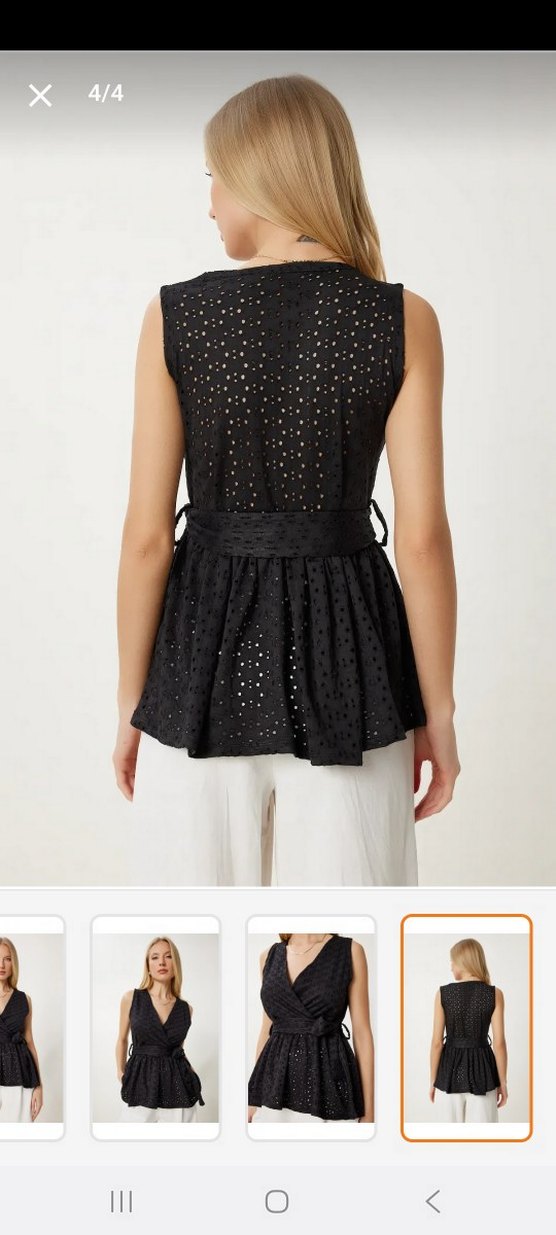 Siyah Nakışlı Kemerli V Yaka Bluz - Görsel 4