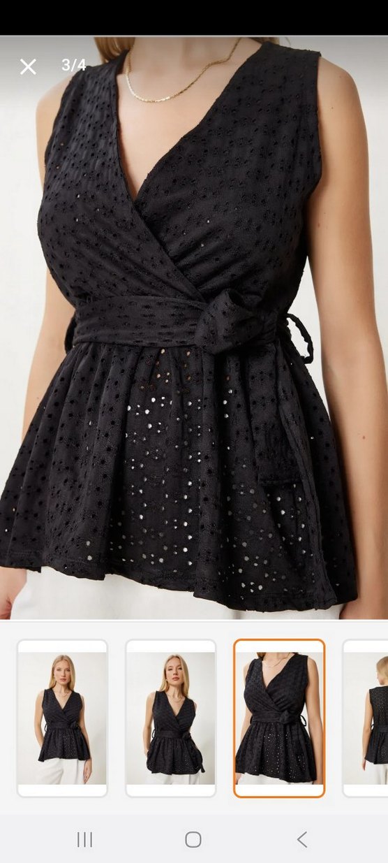 Siyah Nakışlı Kemerli V Yaka Bluz - Görsel 3