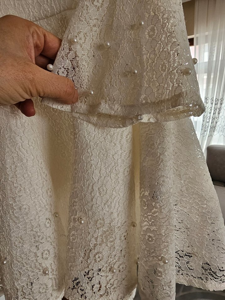 Beyaz incili Dantel Uzun Kollu Kız Elbisesi - Görsel 3