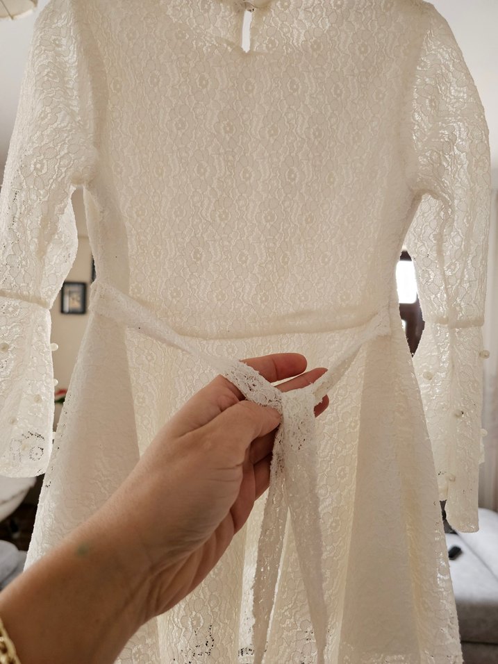 Beyaz incili Dantel Uzun Kollu Kız Elbisesi - Görsel 2