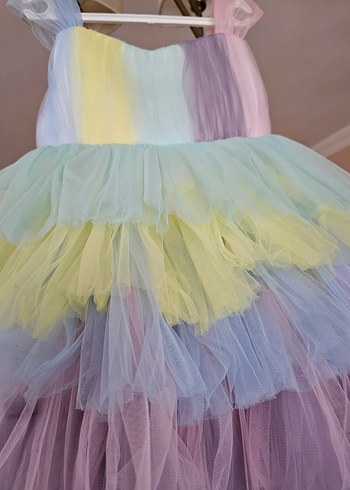 unicorn Kız Çocuk Pastel Renkli Fırfırlı Elbise - Görsel 2