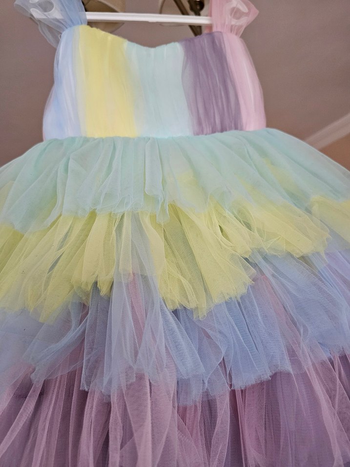 unicorn Kız Çocuk Pastel Renkli Fırfırlı Elbise - Görsel 2