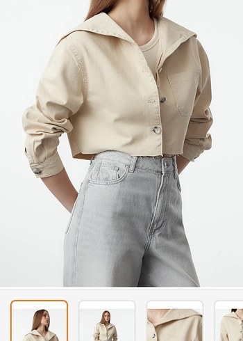 Düğmeli Bej Denim Kadın Ceket