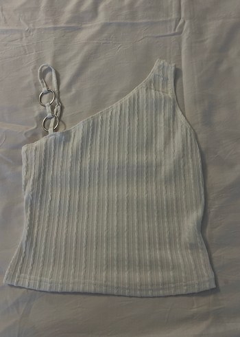 Beyaz Tek Omuzlu Triko Crop Top - Görsel 2