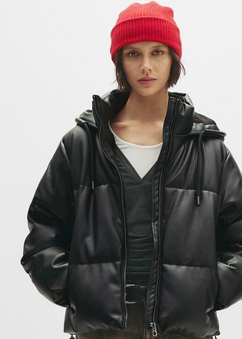 Sokak Stili Siyah Deri Şişme Mont - Görsel 2