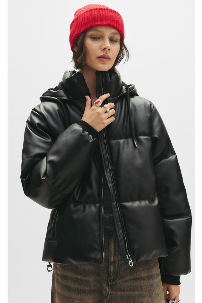 Sokak Stili Siyah Deri Şişme Mont - Görsel 3