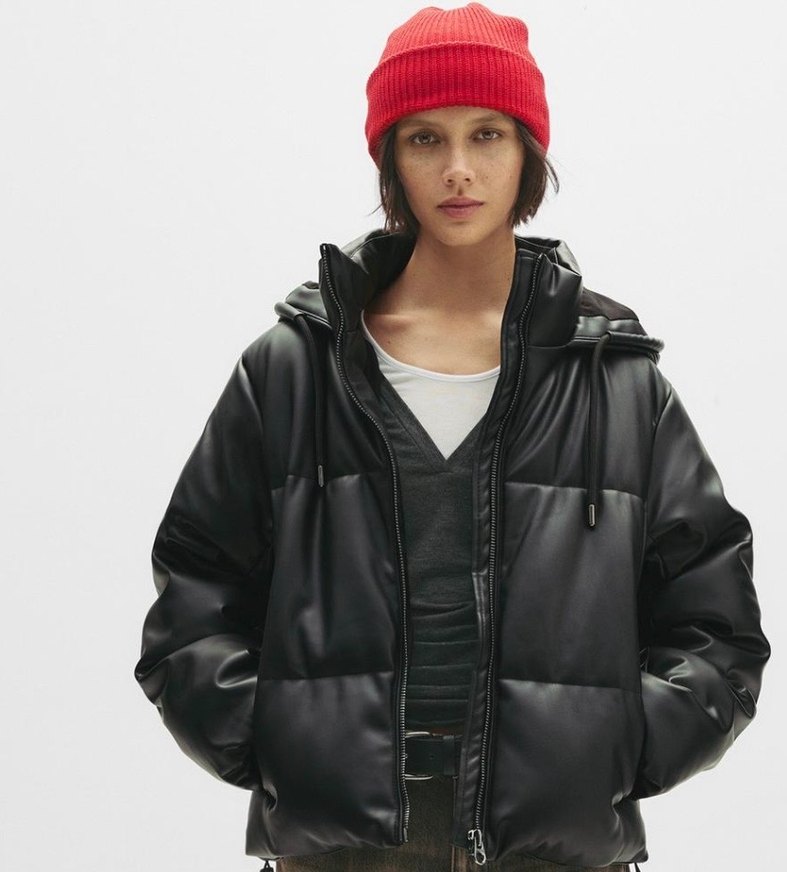 Sokak Stili Siyah Deri Şişme Mont - Görsel 2