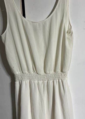 Beyaz Kolsuz Midi Keten Elbise - Görsel 2