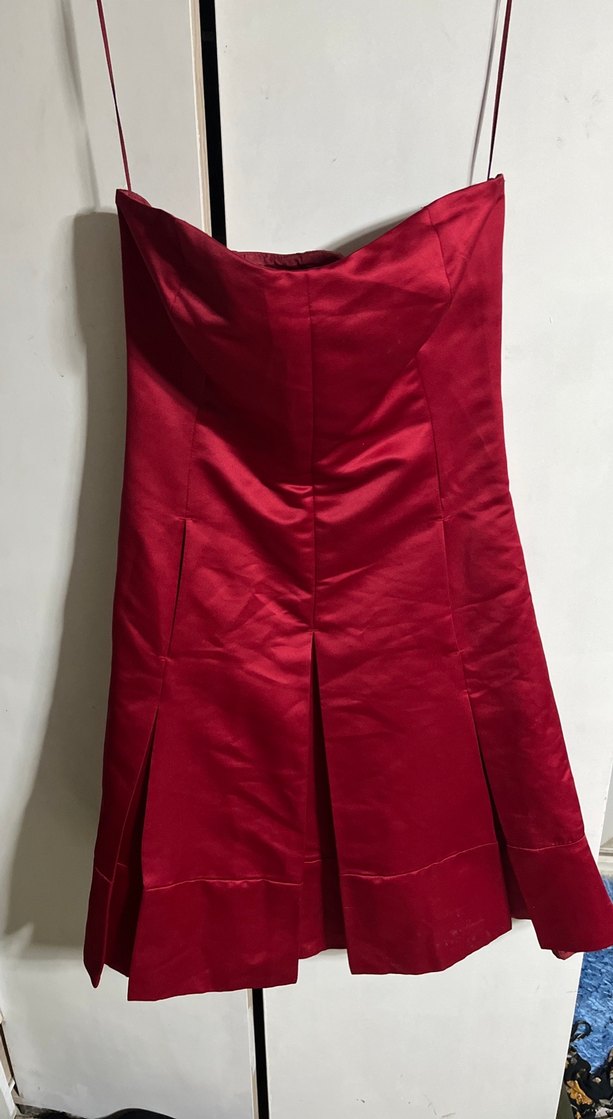 Kırmızı Straplez Pilili Midi Abiye Elbise - Görsel 2