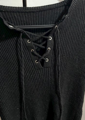 V Yaka Siyah Örgü Uzun Kollu Dar Kesim Kazak - Görsel 2