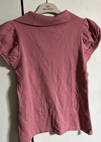 Düğmeli Kısa Kollu Pembe Kadın Tişört - Görsel 3